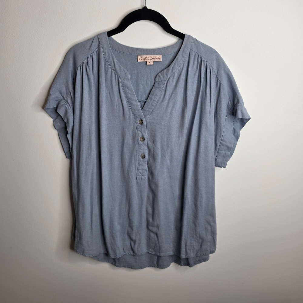 Coastal Comfort Henley Blouse Womens XL Linen Blend
